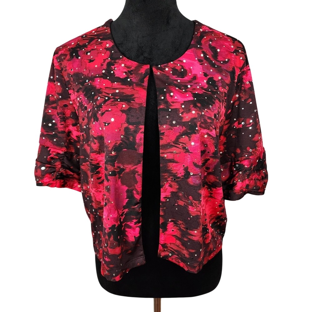 PERCEPTIONS NY Size XL Red Roses Ruched Half Sleeve Stretch Knit Silver Jacket